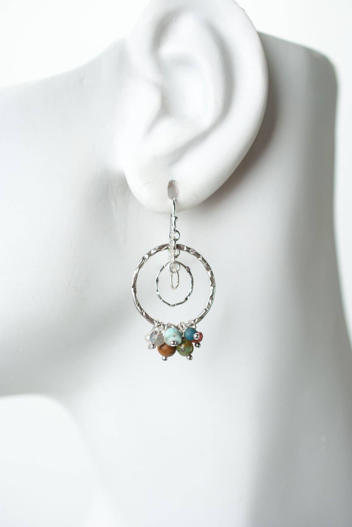 Small hammered sterling silver genuine turquoise stone rustic dangle hoop earrings